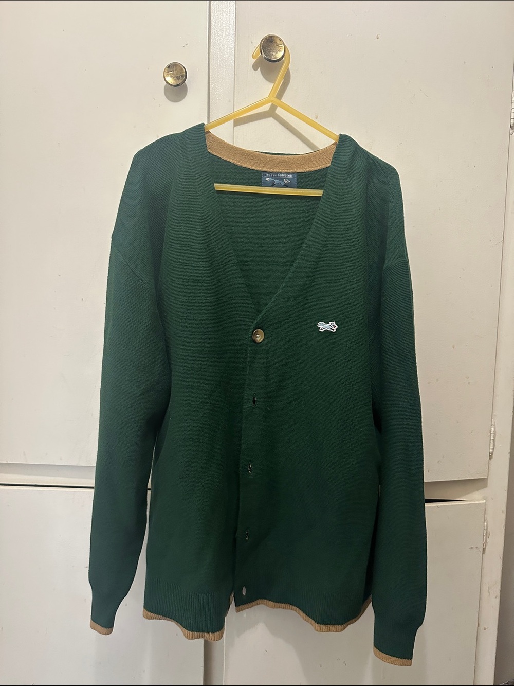 Men's Forest Green V-Neck Cardigan with Tan Trim